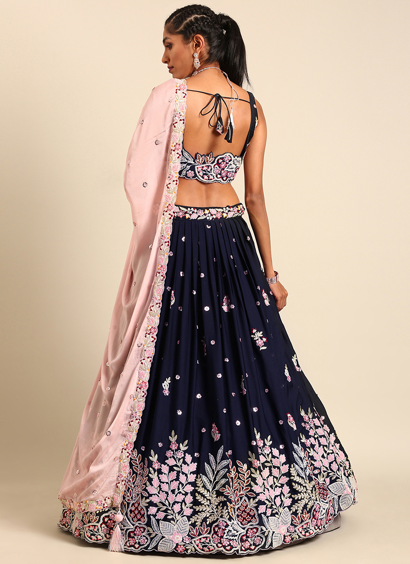 Sea Blue & Rani Georgette Silk Lehenga Choli - Rent